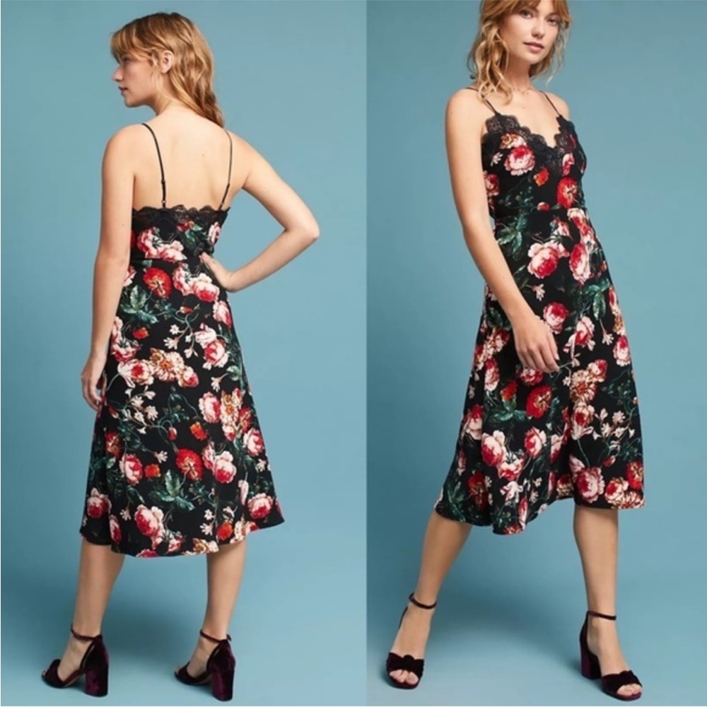 foxiedox x Anthropologie | Black floral Midi Dress- size Small. EUC